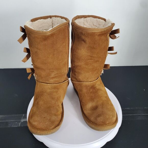 Koolaburra by UGG Boots Youth Size 2 Chestnut Suede Bow Fur Lined 102017 - Picture 3 of 7